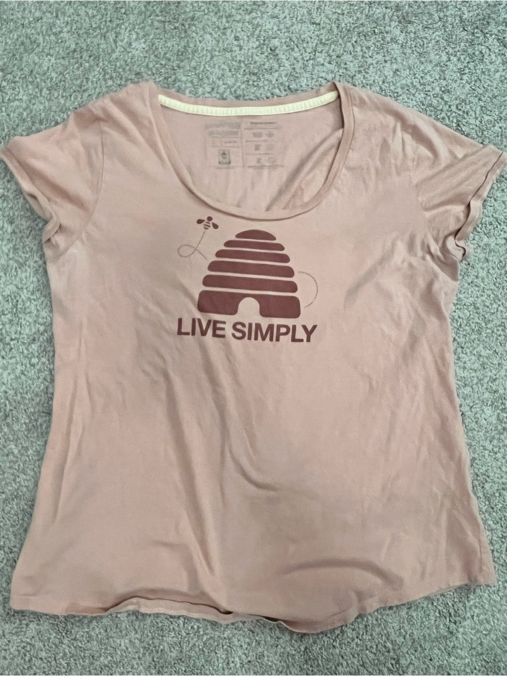 Patagonia Rose Pink 'Live Simply' Bee Hive Scoop Neck Casual Short Sleeve Tee L